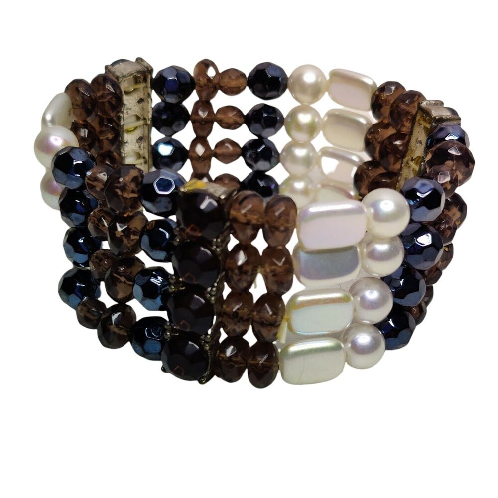 Women's Boho Stretchy Bracelet Coastal Jewelry Brown & White Iridescent Beads
